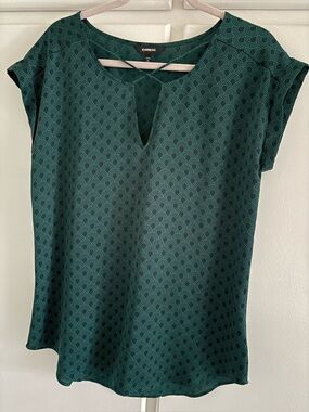 Express Women's Dark Teal Patterned Notch Neck Top